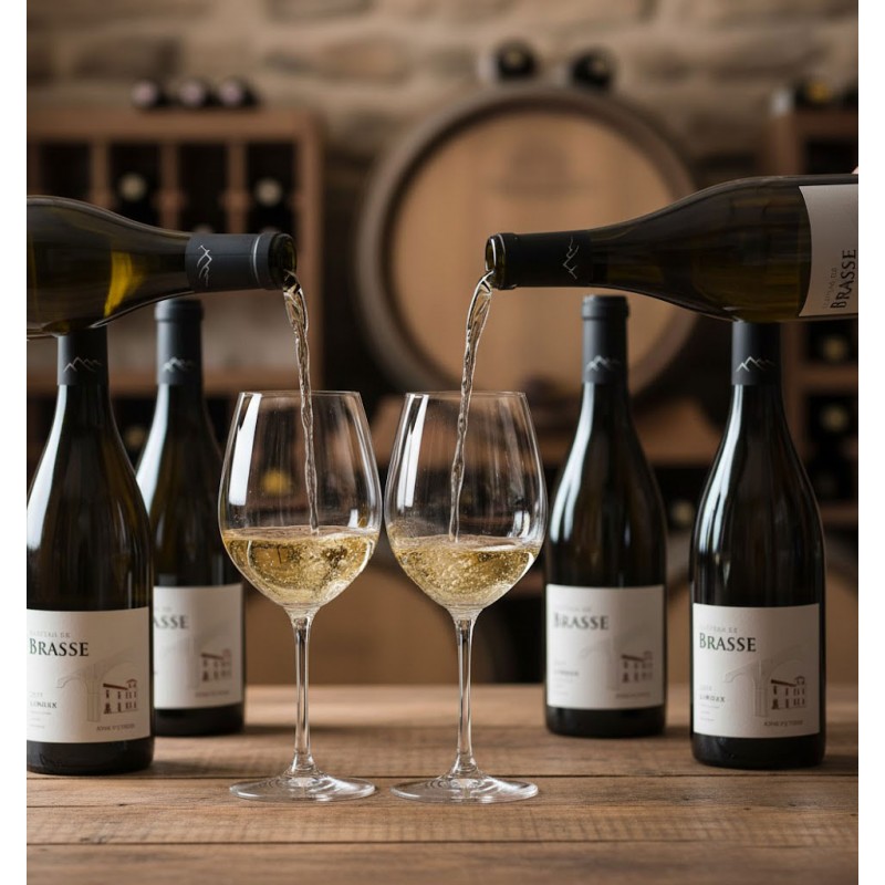 Dégustation de vin dans une cave ou un chai.Six bouteilles, Deux grands verres à vin sur pied sont en train d'être remplis simultanément de vin blanc chardonnay par deux bouteilles distinctes. Les bouteilles, de couleur sombre, ont une étiquette blanche "CHÂTEAU BRASSE" et une illustration de ce qui ressemble à un domaine viticole. D'autres bouteilles de vin rangées sur des étagères et un grand tonneau en bois. La table sur laquelle reposent les verres est en bois rustique. L'éclairage est chaleureux et met en valeur les couleurs dorées du vin.