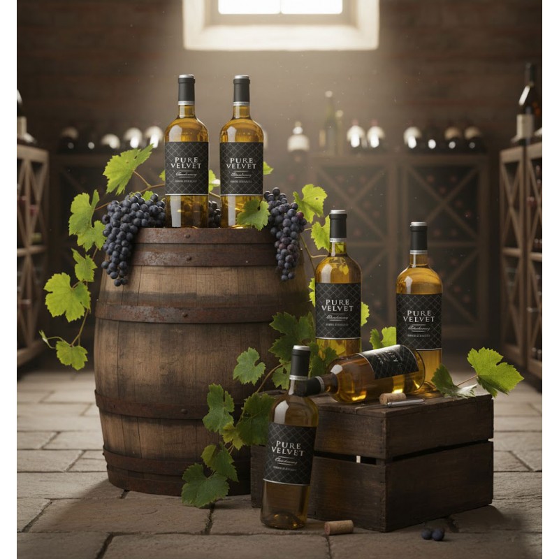 Dans une cave à vin rustique éclairée par une douce lumière provenant d'une fenêtre en hauteur, six bouteilles de Chardonnay "PURE VELVET" sont mises en scène.Deux bouteilles sont posées sur un tonneau en bois cerclé de métal, entourées de grappes de raisin noir et de feuilles de vigne. Trois autres bouteilles sont disposées sur et autour d'une caisse en bois : l'une est debout, une autre est couchée et une troisième est au premier plan. Le sol est pavé, et en arrière-plan, on distingue des casiers à vin remplis de bouteilles, ce qui renforce l'atmosphère d'une cave bien garnie.