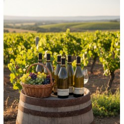 violets est présentée sur un tonneau en bois. Un verre de vin blanc est placé à côté des bouteilles. L'arrière-plan est un vignoble luxuriant sous un ciel clair, avec des collines au loin.