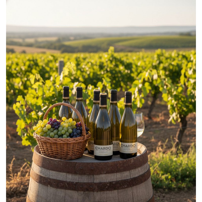 violets est présentée sur un tonneau en bois. Un verre de vin blanc est placé à côté des bouteilles. L'arrière-plan est un vignoble luxuriant sous un ciel clair, avec des collines au loin.