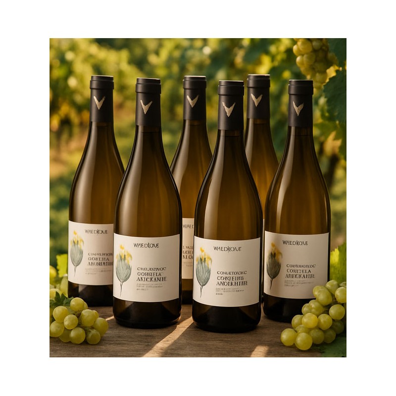 six bouteilles de vin blanc Chardonnay "Côte de prouilhe"sur une table en bois rustique. On distingue un vignoble verdoyant sous un ciel lumineux. Des grappes de raisin blanc sont visibles de chaque côté des bouteilles. La lumière du soleil traverse les feuilles de vigne, créant des jeux d'ombre et de lumière sur la table et les bouteilles.
