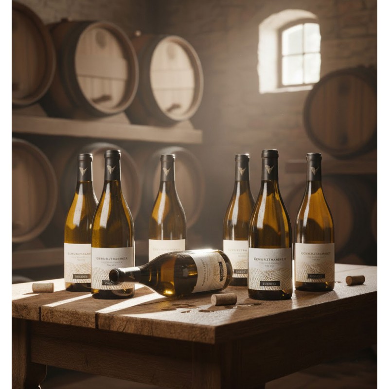 Six bouteilles de vin blanc dans une cave à vin cépage "Gewürztraminer". Une table en bois robuste. Quelques bouchons de liège sont dispersés sur la table, ainsi que quelques gouttes de vin renversé, ce qui ajoute une touche de réalisme et de vie.Le fond est composé de rangées de grands fûts de chêne, typiques d'une cave de vieillissement. Les murs en pierre, et une petite fenêtre en hauteur laisse filtrer une lumière douce qui illumine et crée une atmosphère intime.L'éclairage est tamisé et met en valeur les bouteilles sur la table. L'ensemble dégage une impression de tradition, de savoir-faire et de dégustation. C'est une invitation à découvrir le vin présenté.