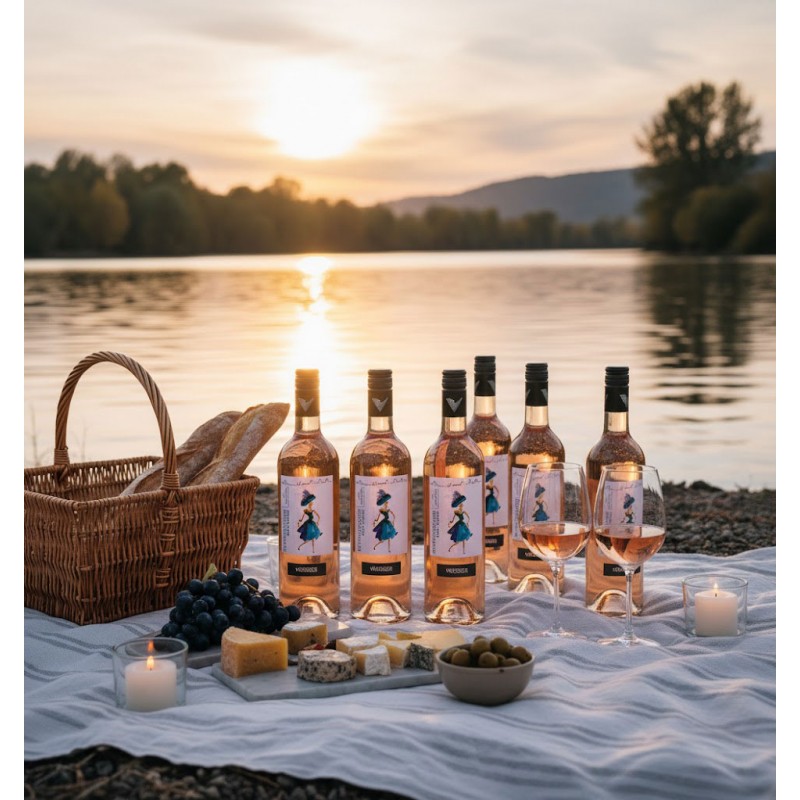 Pique-nique idyllique, au bord d'un lac, baignée par la lumière chaude et enveloppante d'un coucher de soleil. Une couverture blanche à carreaux est étendue sur un sol caillouteux ou sablonneux. Six bouteilles de vin rosé, révèlent un design distinctif orné d'une illustration stylisée d'une femme et le nom "VENDÉOLE" deux verres à pied, partiellement remplis et prêts à être dégustés. L'ensemble est complété par un panier en osier tressé, contenant deux baguettes de pain, et une planche en marbre présentant un assortiment de fromages variés. Une grappe de raisins noirs et un petit bol d'olives vertes ajoutent des touches de couleur et de fraîcheur à cette composition gourmande. Deux petites bougies blanches, placées dans des photophores en verre, diffusent une lumière douce et chaleureuse, renforçant l'ambiance intime et romantique.